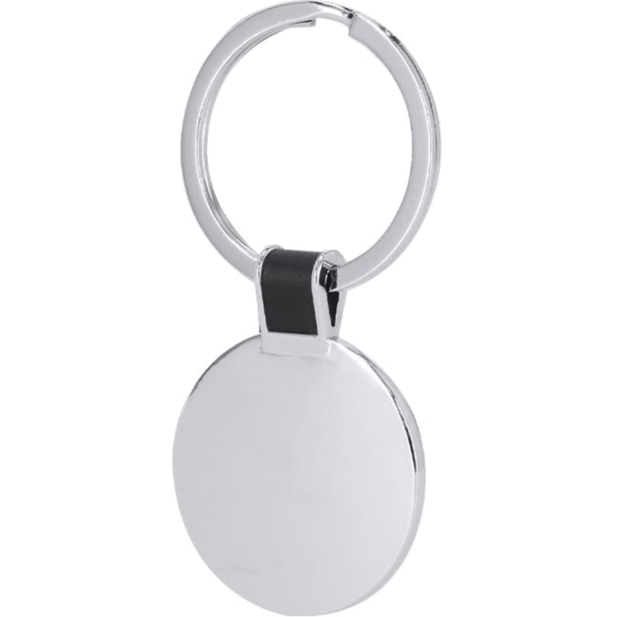 A circular silver keyring with a sleek design and a black accent at the top. It features a metal ring for keys.