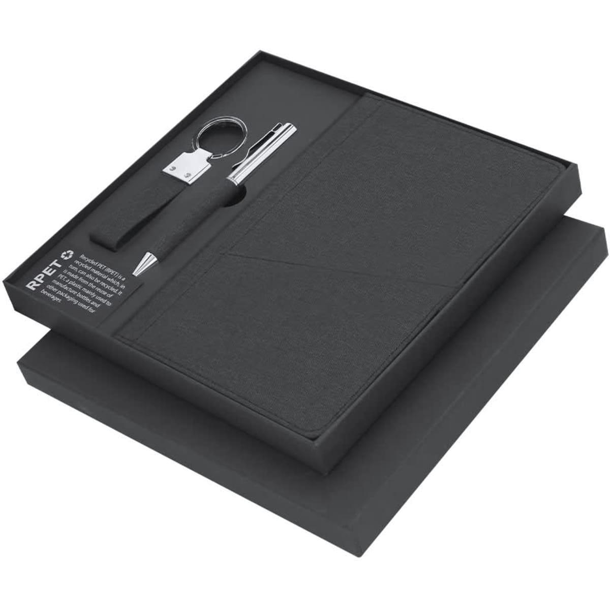 A black gift set featuring a notebook, pen, keyring, and accessories in a stylish box.