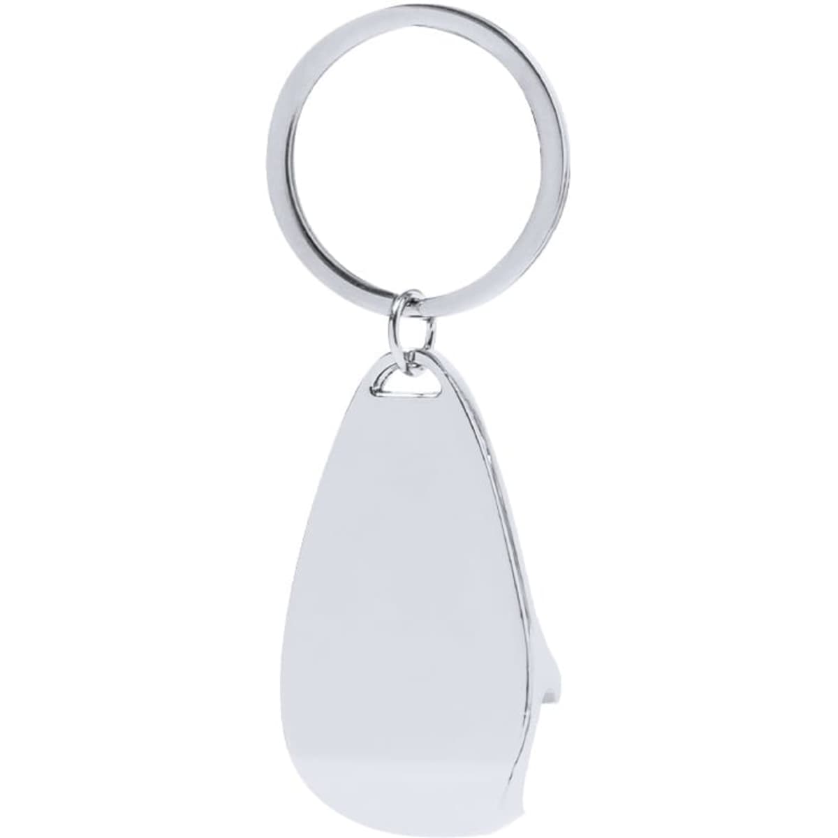 A drink bottle opener keyring in a shiny silver finish, featuring a circular keyring.