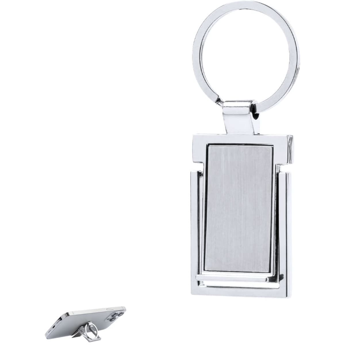 A silver keyring featuring a sleek, rectangular design with a brushed finish and a round attachment loop.