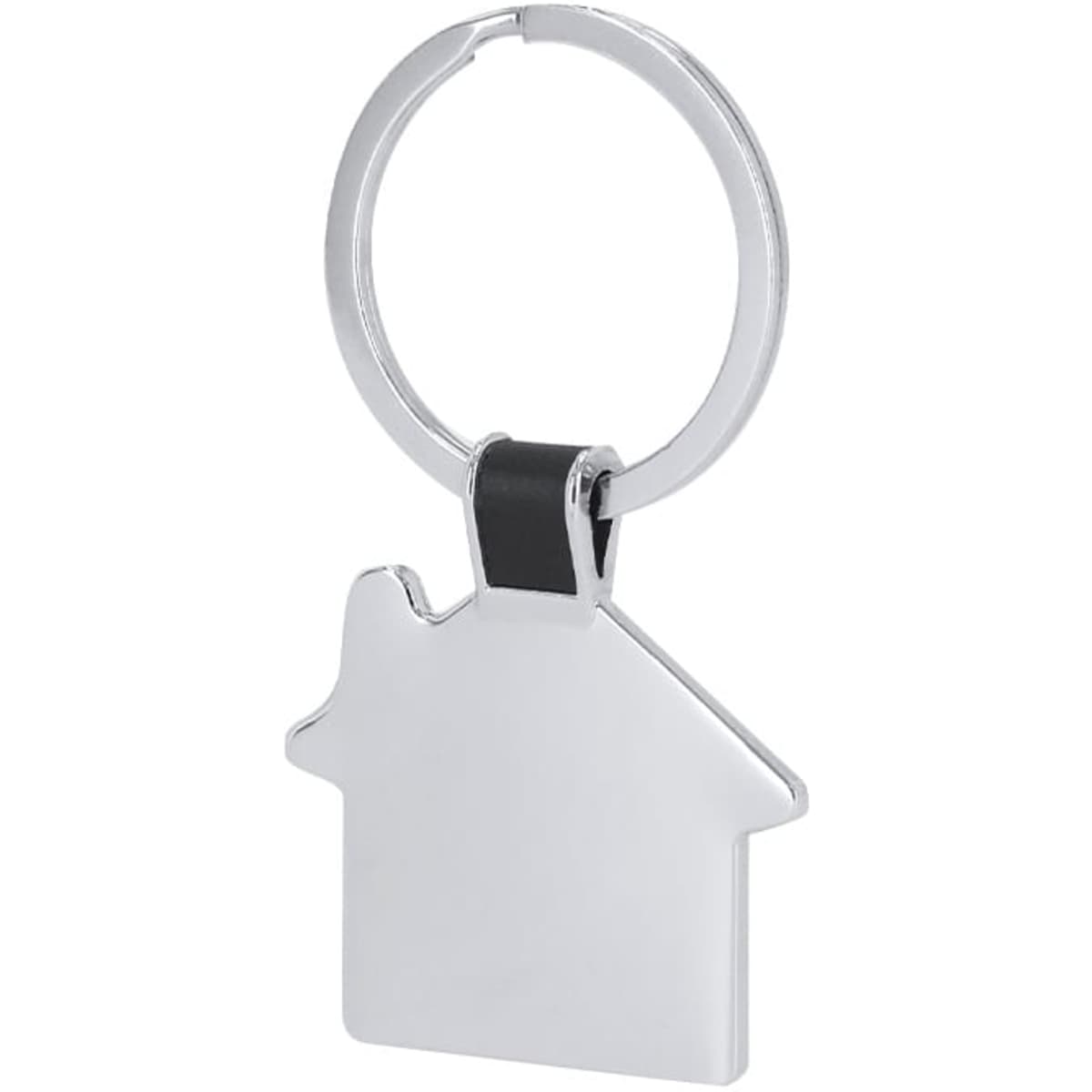 A silver keyring shaped like a house with a black accent, featuring a smooth, polished finish.