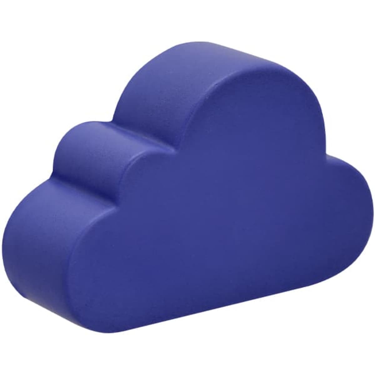 A purple cloud-shaped stress ball with a smooth texture and rounded edges. It has a simple design and a logo on one side.