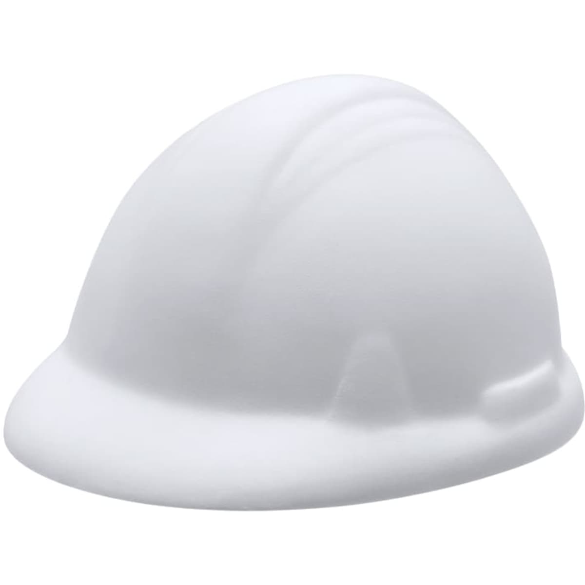 A white stress ball shaped like a hard hat. The item features a smooth finish and has a branding logo.