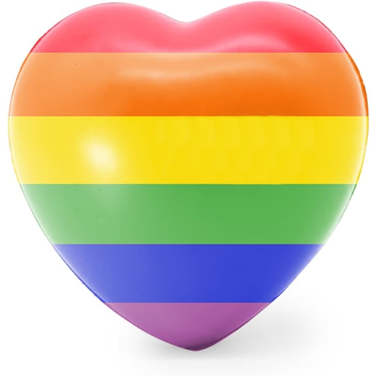 A heart-shaped stress ball featuring vibrant rainbow stripes, with a smooth surface and a glossy finish.