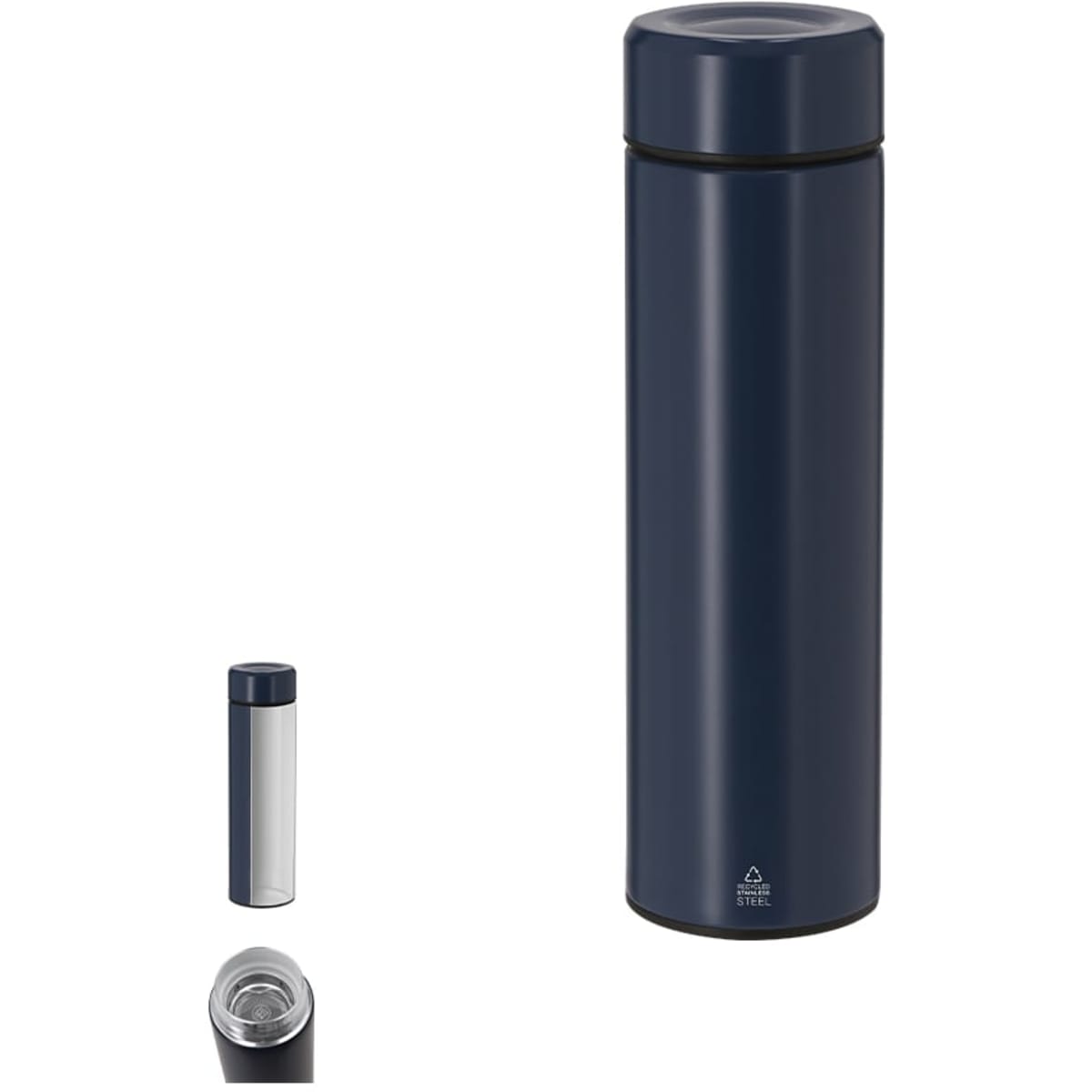 A drink bottle in navy blue, featuring a sleek design with a silver interior and a logo on it.
