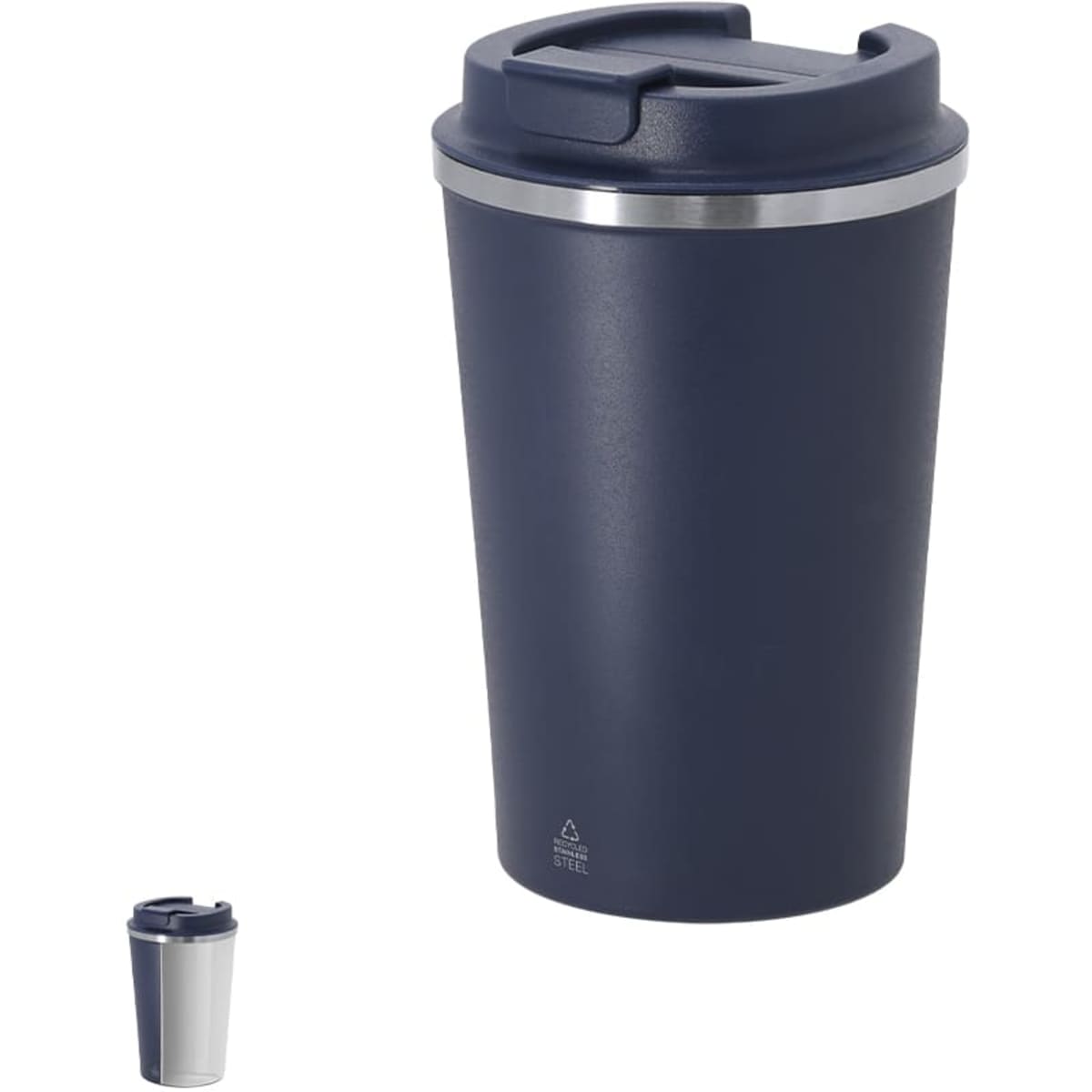 A drink bottle featuring a navy blue exterior with a silver band and a lid, ideal for travel use.