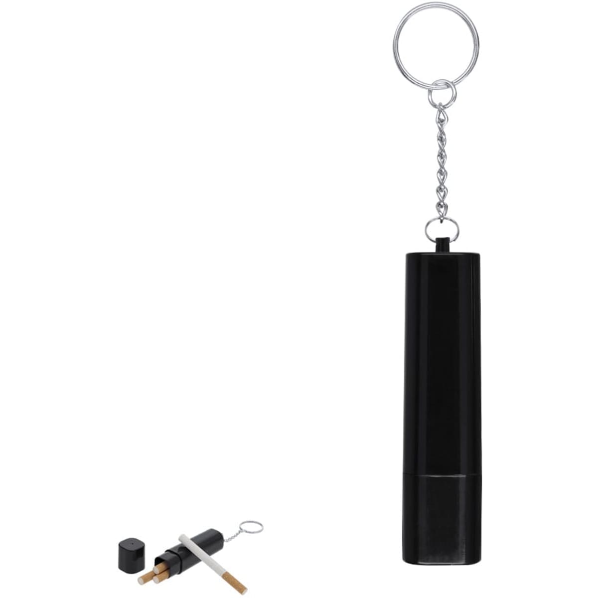 A black keyring gift set featuring a compact tool with a chain and multiple components. It includes a small wooden stick and a tool.