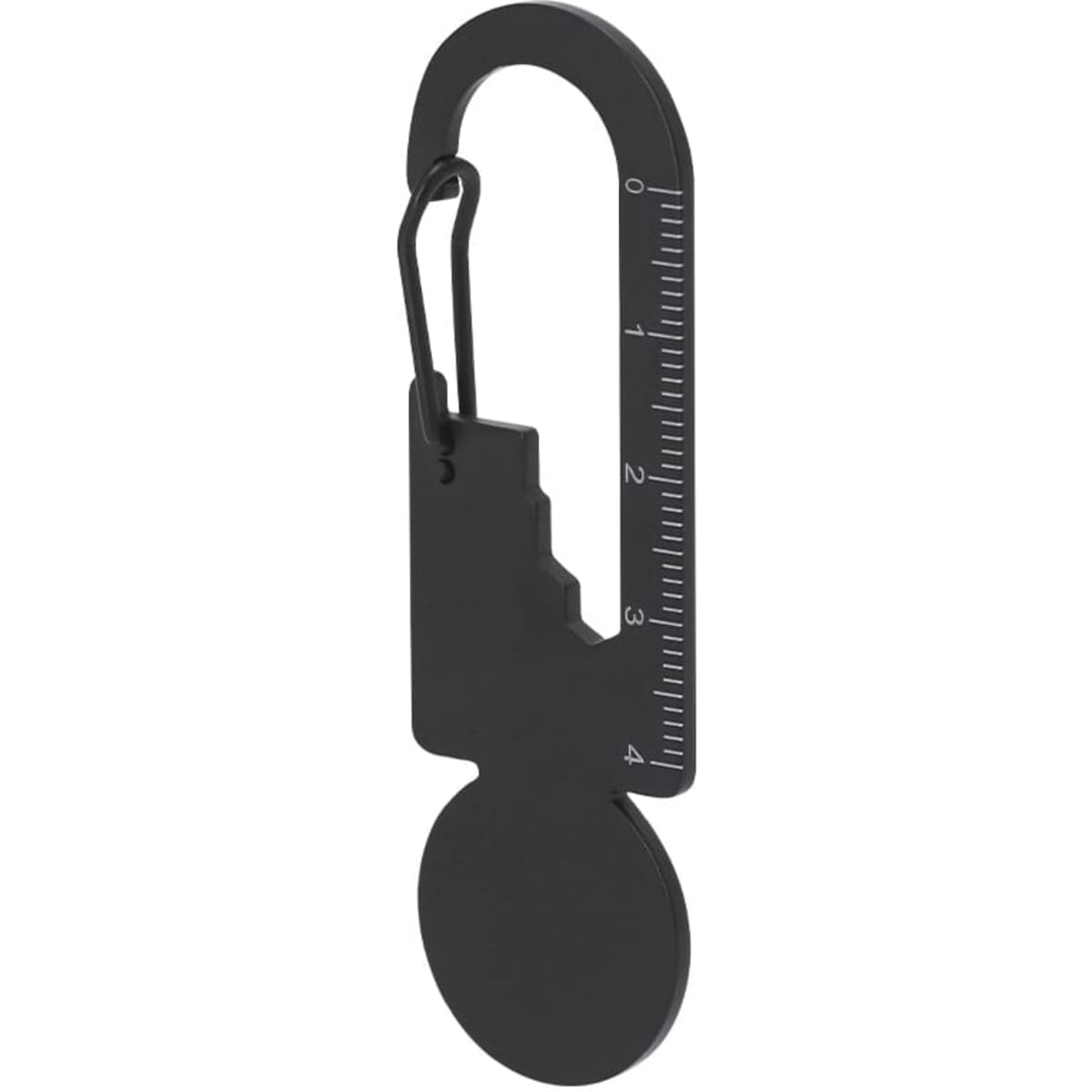 A black multi-tool featuring a measuring scale and a carabiner clip. It has a sleek, minimalist design.
