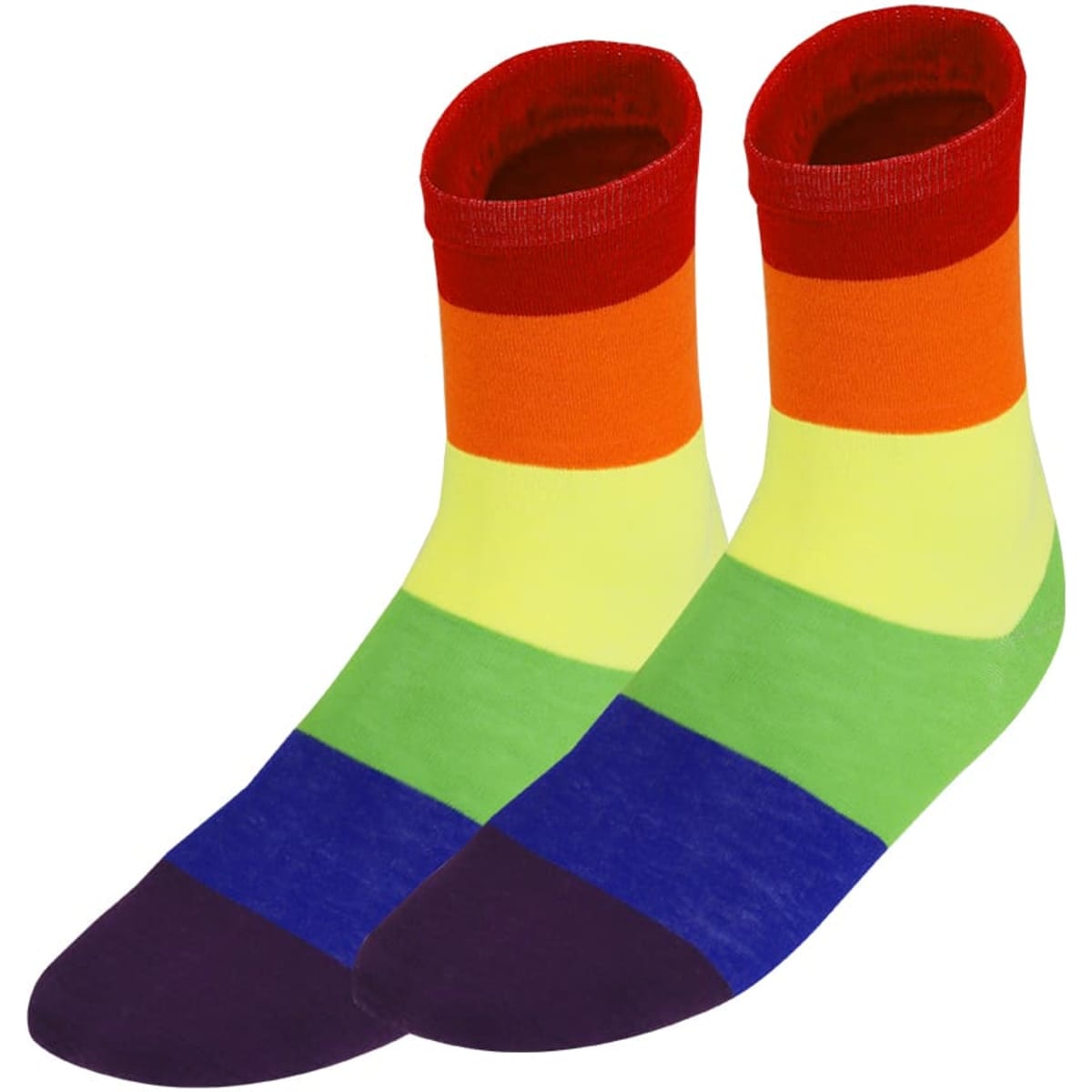 A pair of brightly coloured socks featuring horizontal stripes in red, orange, yellow, green, blue, and purple.