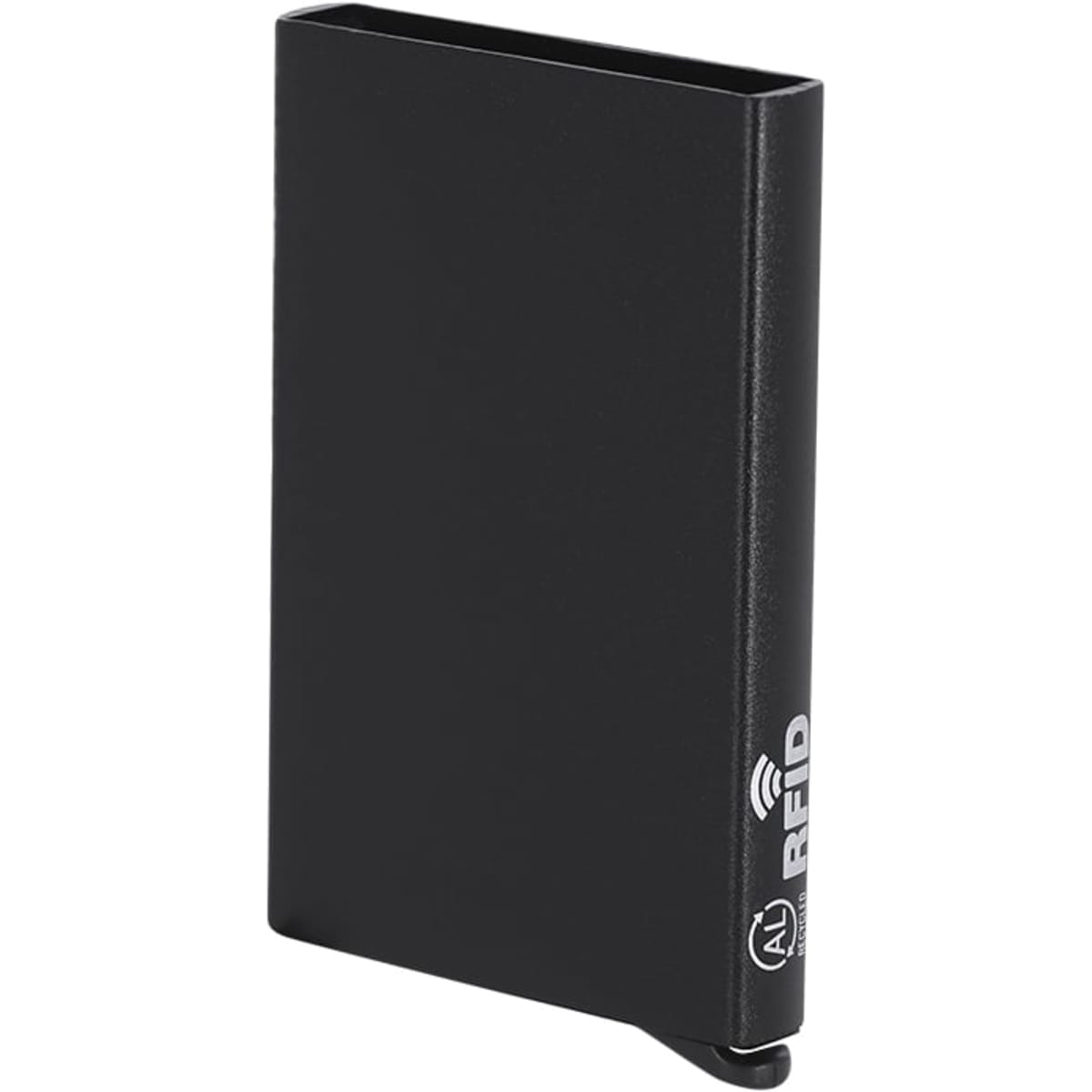 A sleek black RFID-blocking business card holder featuring a minimalist design and a logo.
