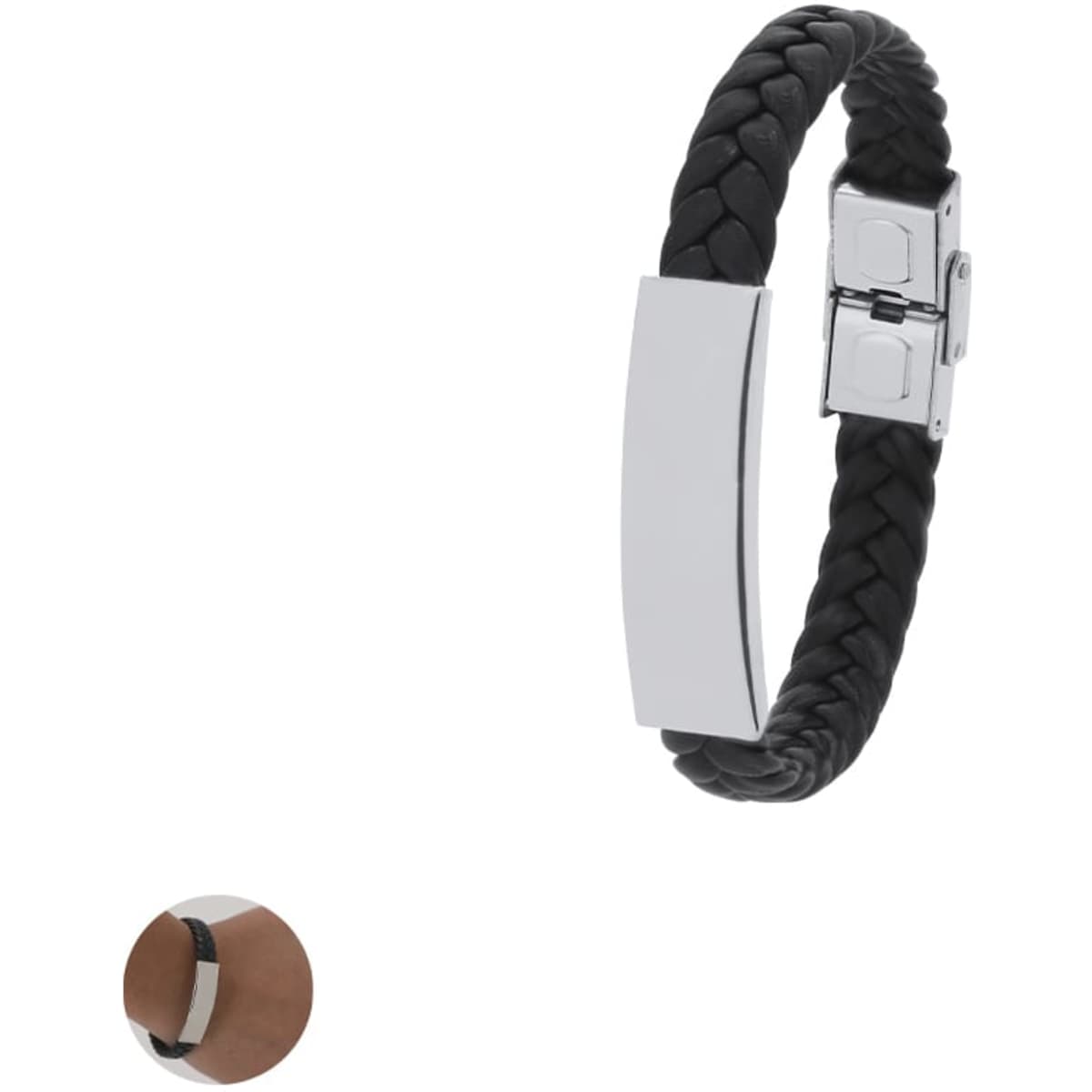 A braided black leather bracelet featuring a silver clasp and a polished rectangular accent. Includes an additional band.