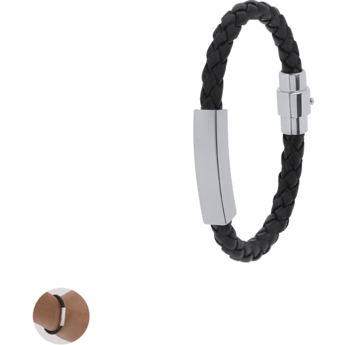 A black braided leather bracelet with a silver clasp and a copper accent piece. Features a logo on the clasp.