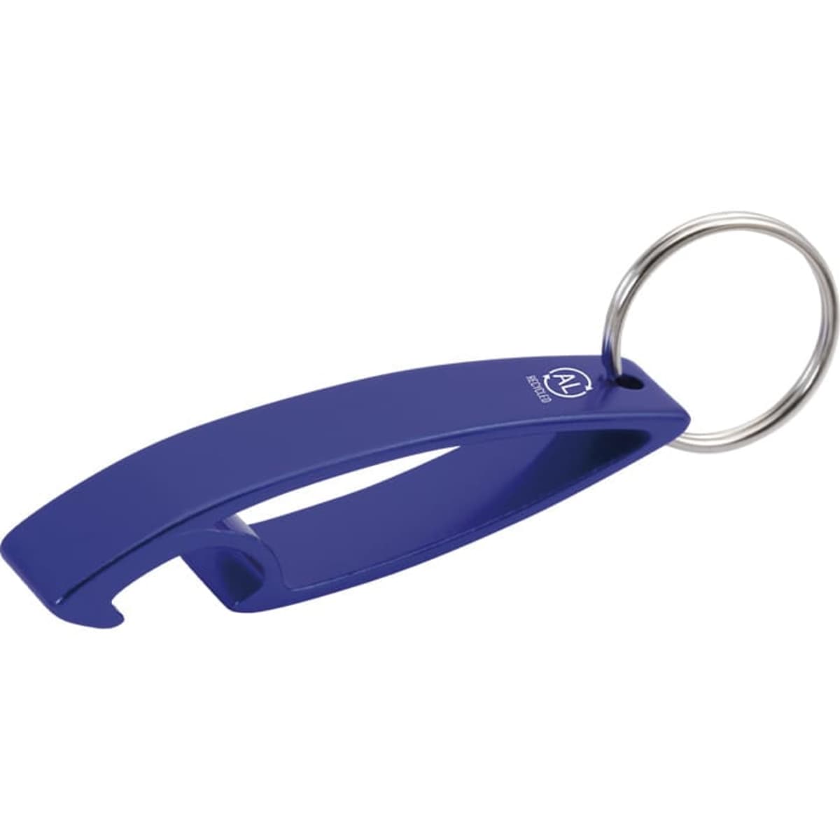 A drink bottle opener keyring in blue, featuring a keyring attachment and a branded logo.