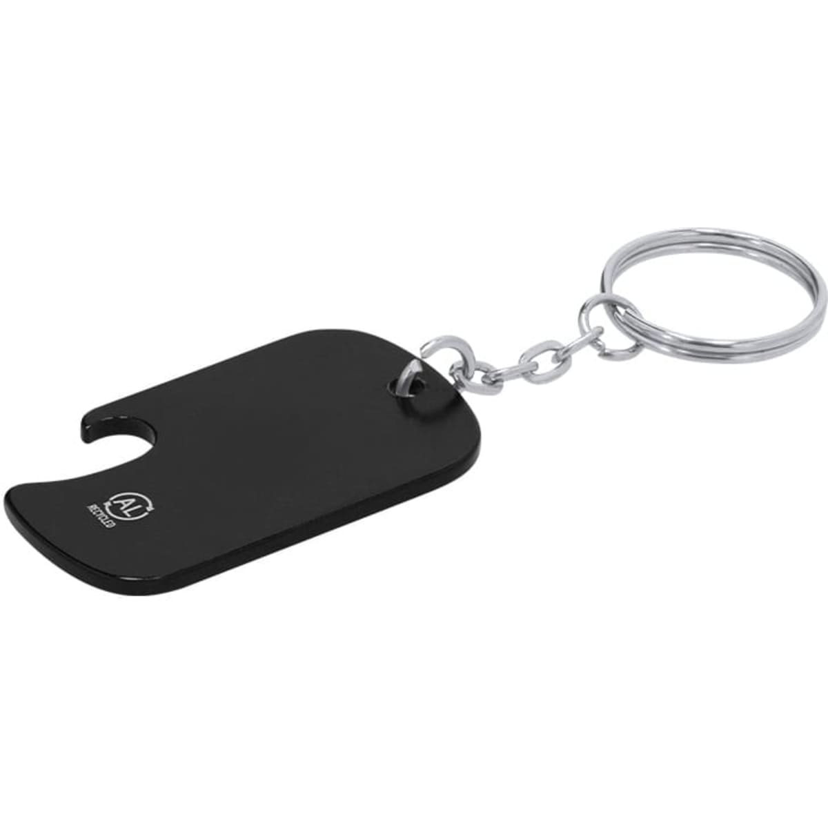 A drink bottle keyring in black with a bottle opener design and a metal chain attachment.