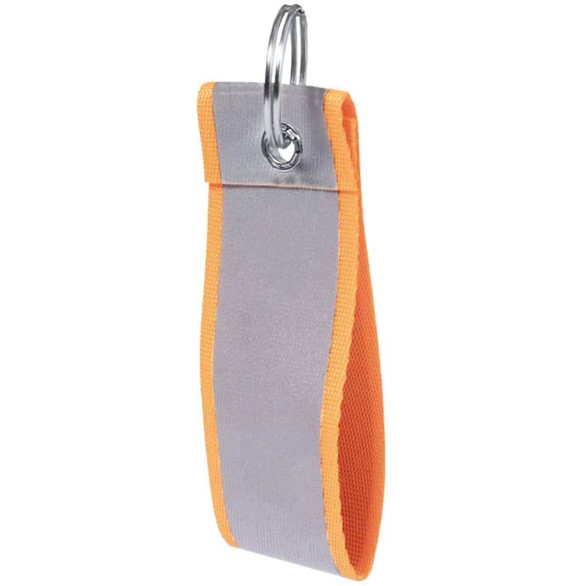 A grey and orange keyring with a metal ring for attachment. The material appears durable and is designed for functionality.