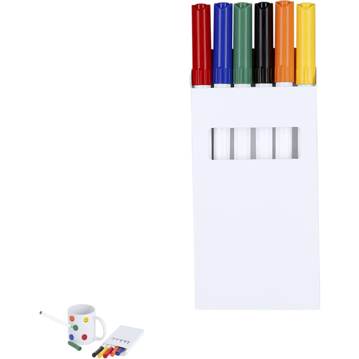 A box of seven colourful markers including red, blue, green, black, orange, and yellow, with a logo.