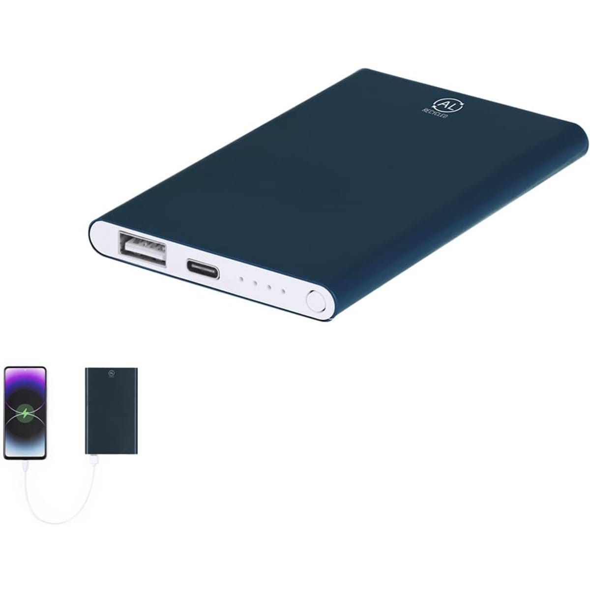 A dark blue power bank with a USB port and a USB-C port, featuring indicator lights on the side.