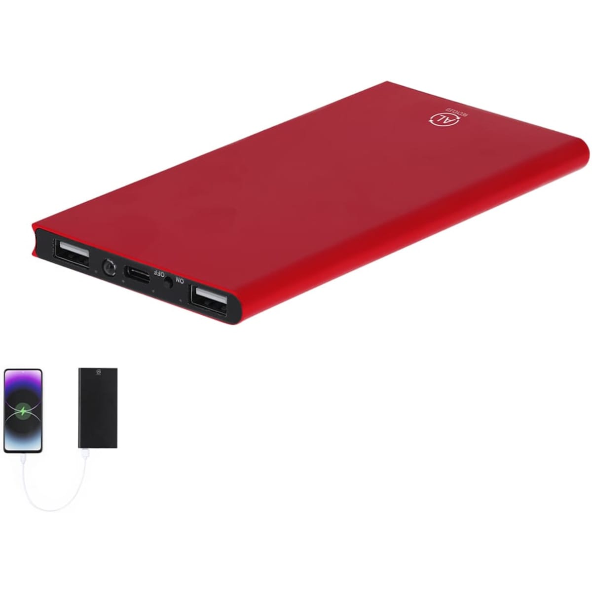 A red power bank with multiple ports and a logo, positioned next to a smartphone connected with a charging cable.