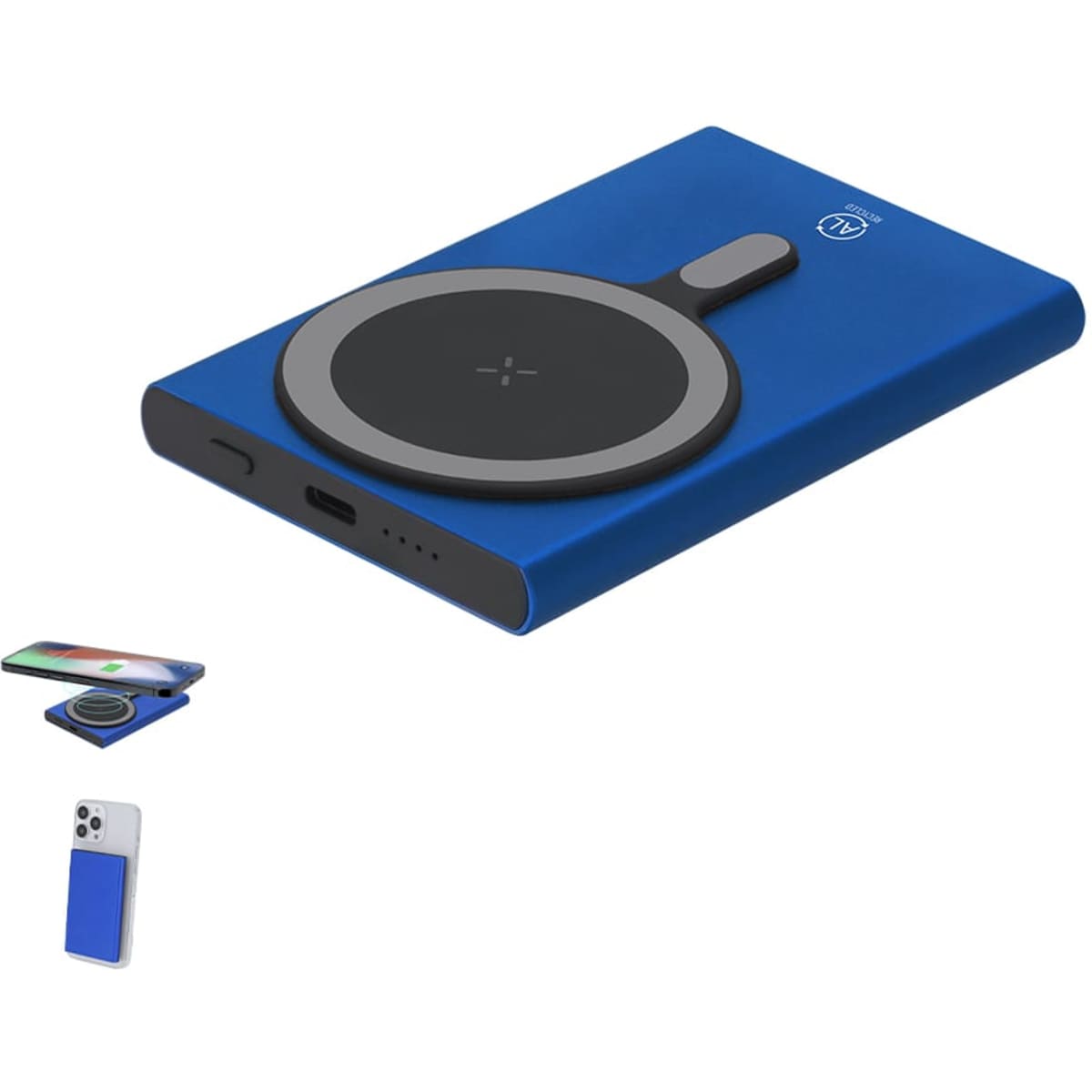 A blue power bank with a round wireless charging pad on top, featuring a logo and USB port.