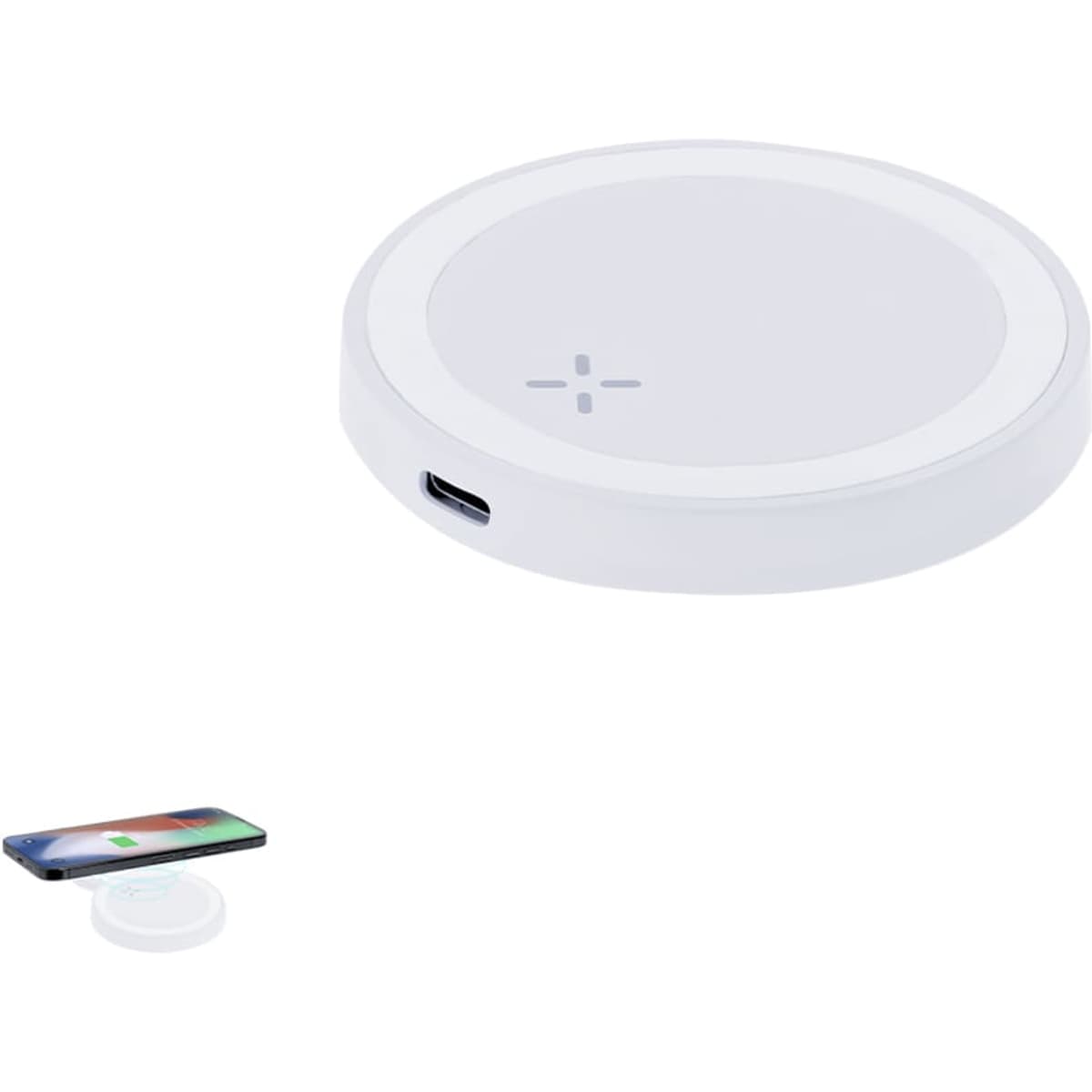 A wireless charger in white with a circular design and a USB-C port displayed next to a charging phone.