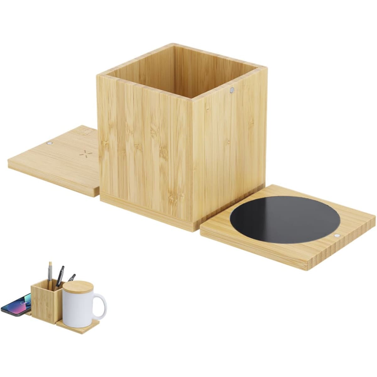 A bamboo desk organizer with a removable lid and a circular wireless charging pad. It includes compartments for pens and small items.