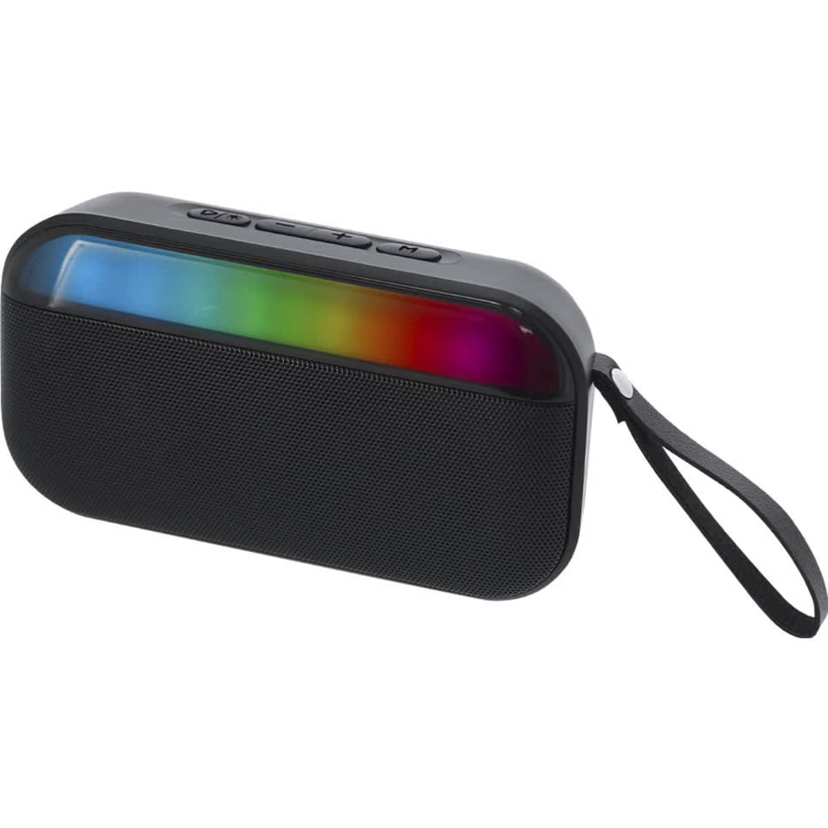 A black Bluetooth speaker features a vibrant, multicoloured light bar and a strap for easy carrying.