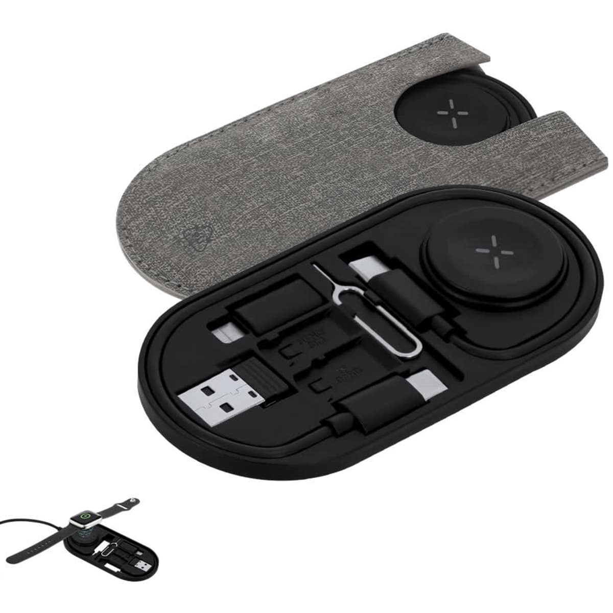 A charging cable set in a black case with a grey fabric cover, including various connectors and a USB port.