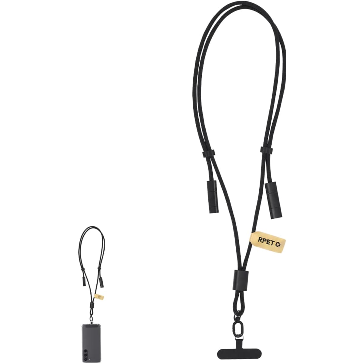 A black charging cable with two connectors and a logo. It has a flexible design for easy storage.