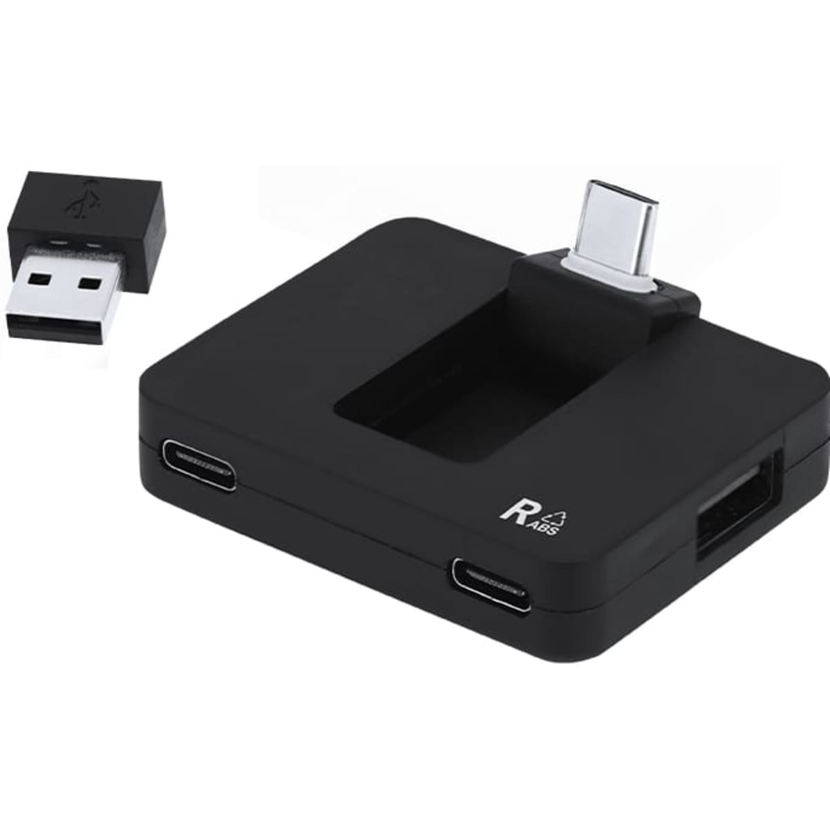 A black USB hub featuring multiple ports, including USB-C and standard USB connectors, alongside a small USB adapter.