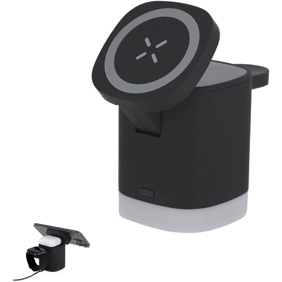 A wireless charger in black with a round top and a base featuring a logo.