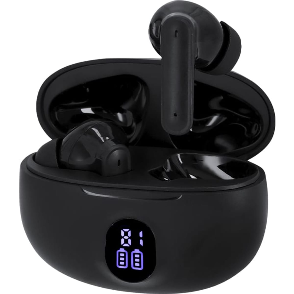 A pair of black earbuds is displayed inside a black charging case, featuring a digital display.