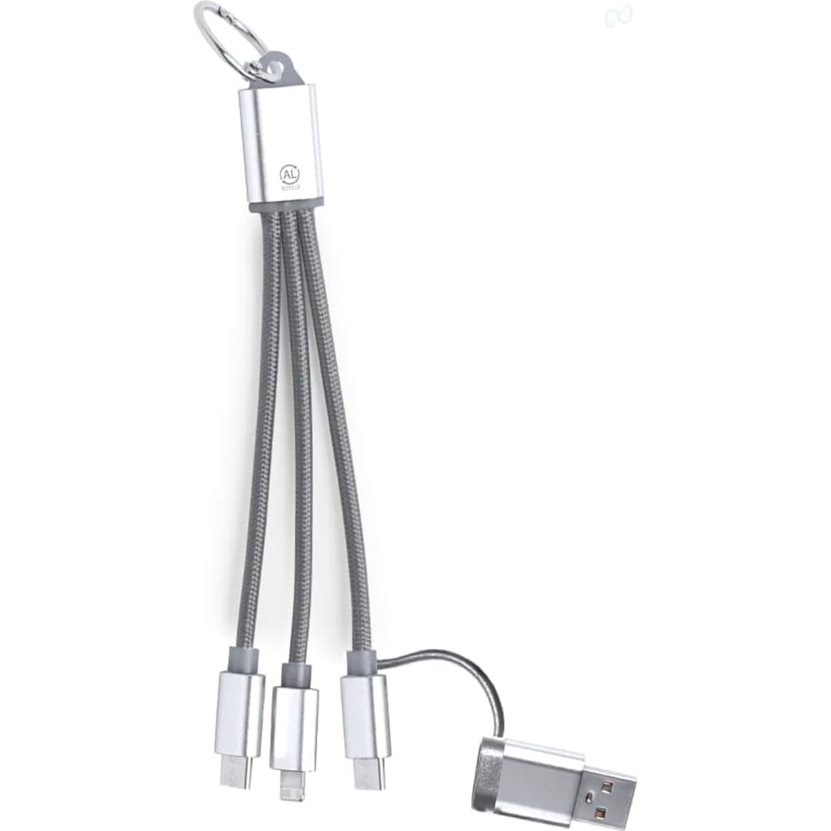A grey charging cable with a keychain attachment featuring three connectors: USB, micro USB, and Lightning.