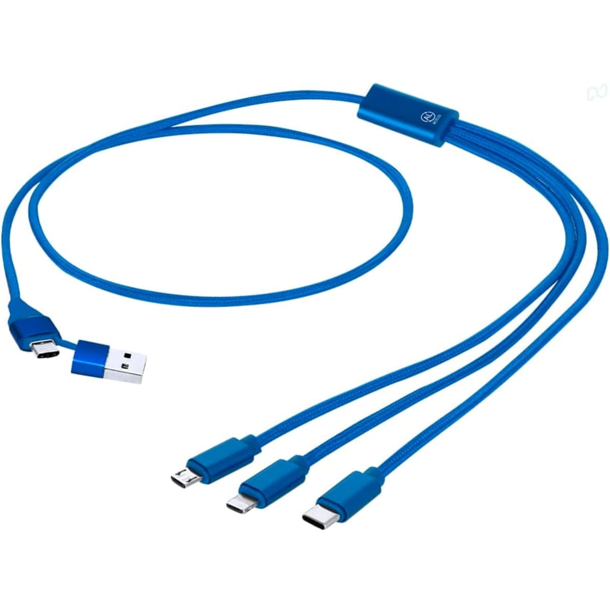 A blue charging cable with multiple connectors including USB, micro-USB, and USB-C, featuring a branding logo.