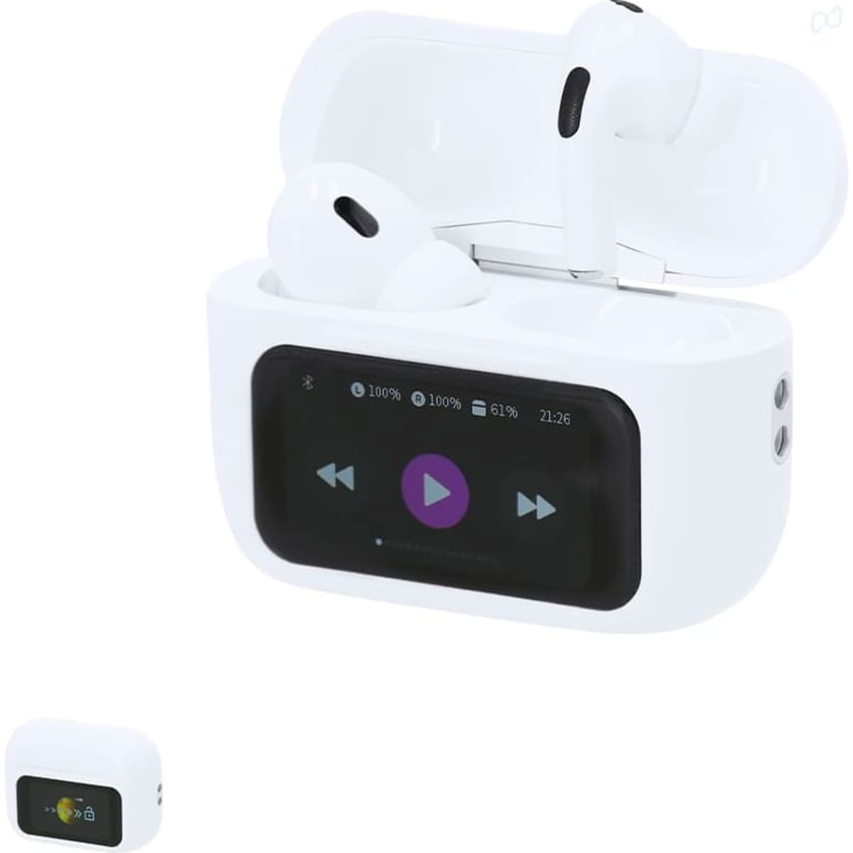 Wireless headphones in white, displayed in a charging case featuring a control interface.