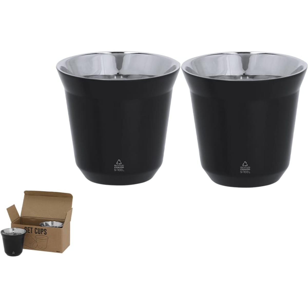 A drink bottle featuring a matte black exterior and shiny interior, accompanied by a box containing two cups.