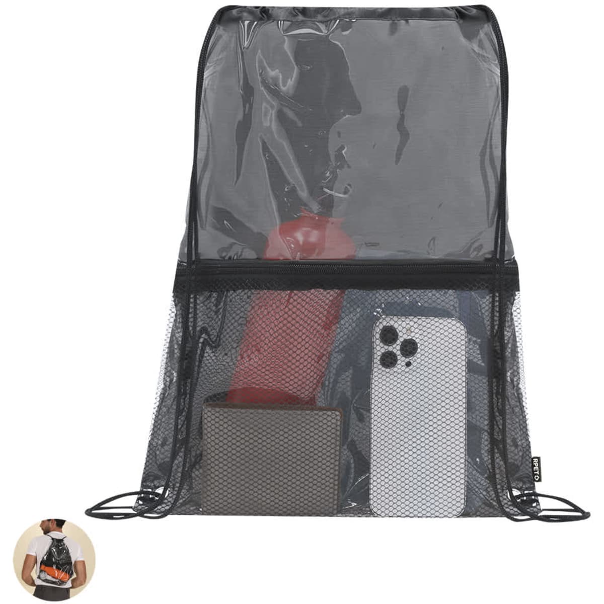 A black mesh drawstring bag containing a drink bottle, a phone, and a small box. It features a branded logo.