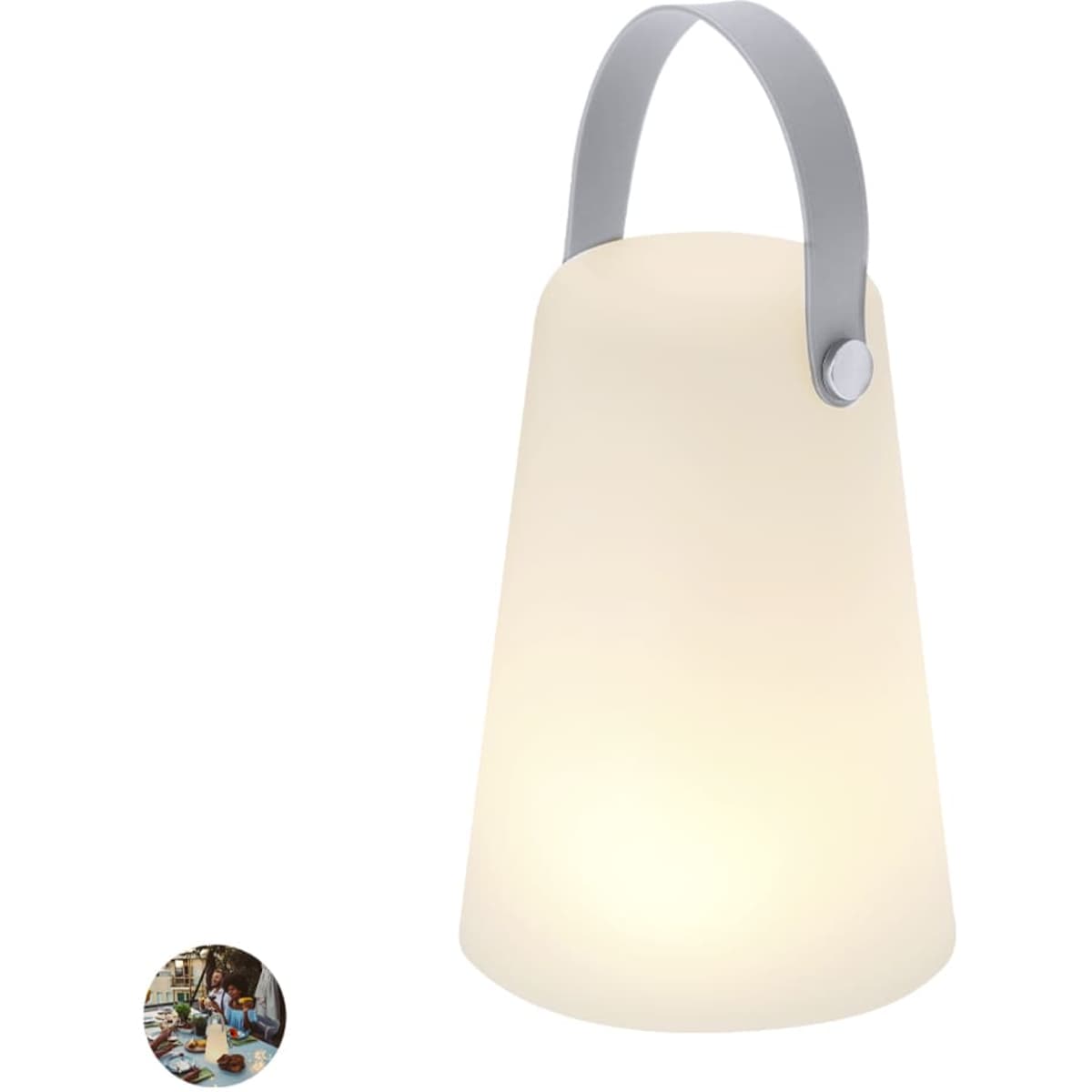 A lantern-shaped light in a soft white hue with a grey handle, featuring a round button for operation.