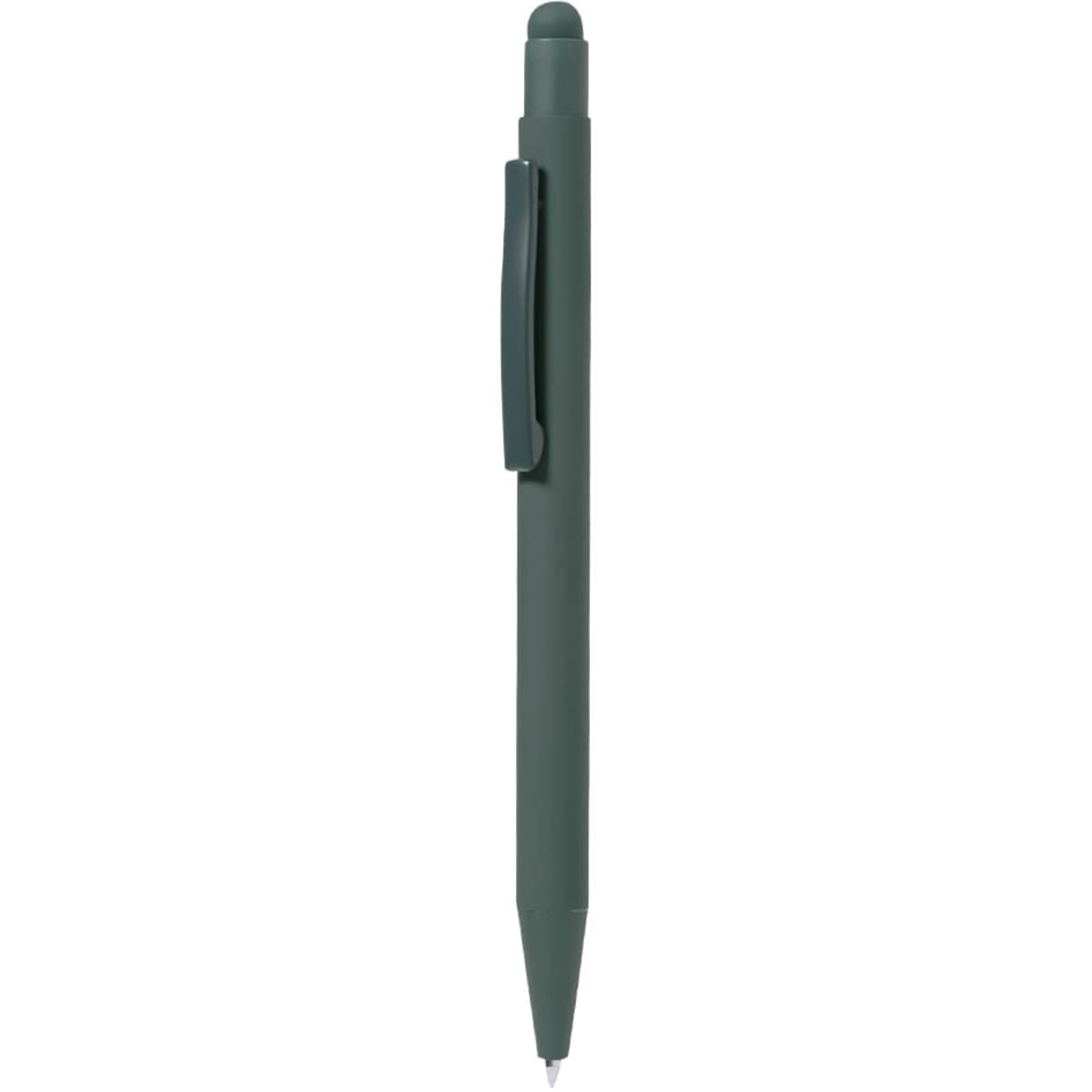 A green ballpoint pen with a clip and a stylus tip, featuring a sleek design and a logo.
