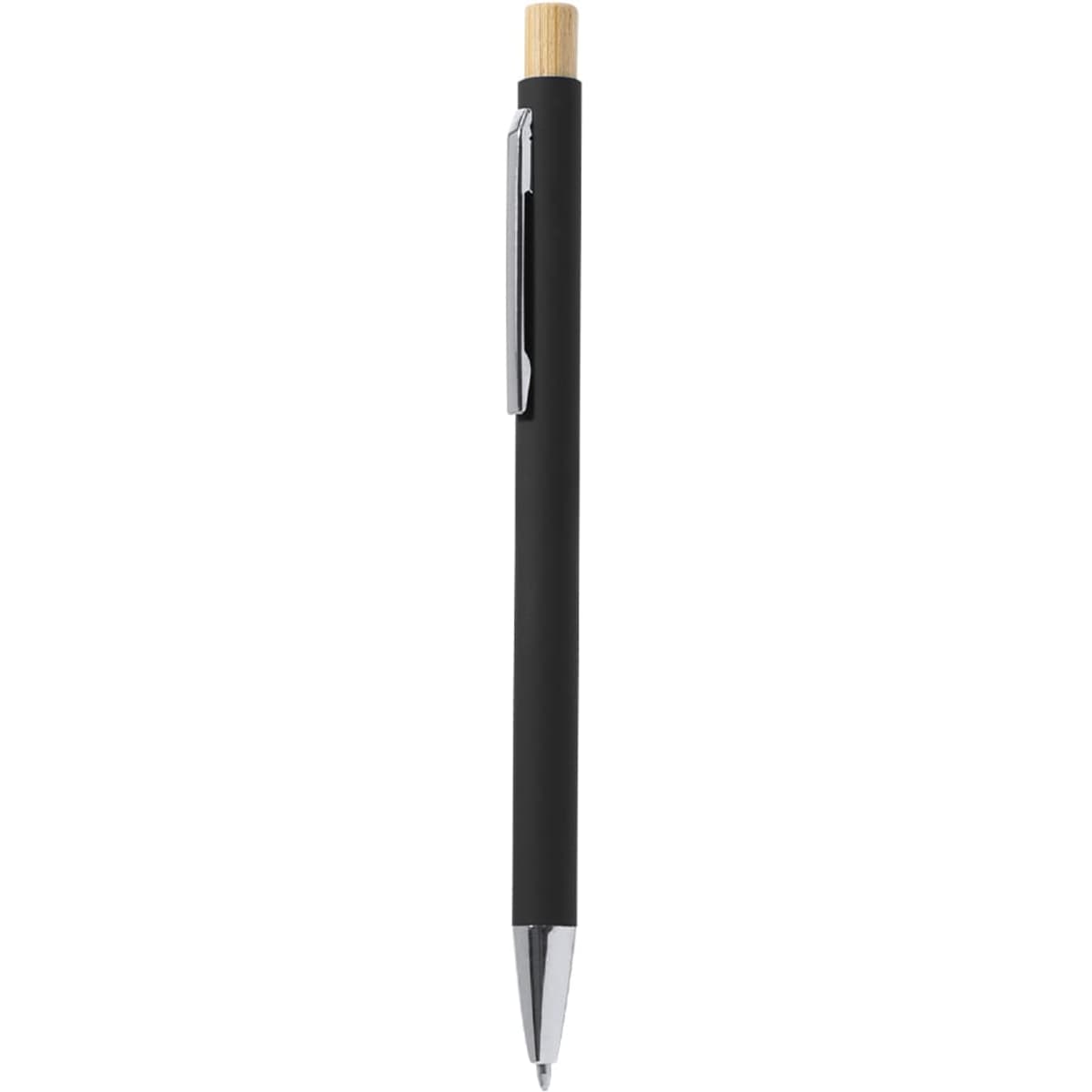 A metal pen in black with a bamboo top and a chrome clip, featuring a simple design and sleek finish.