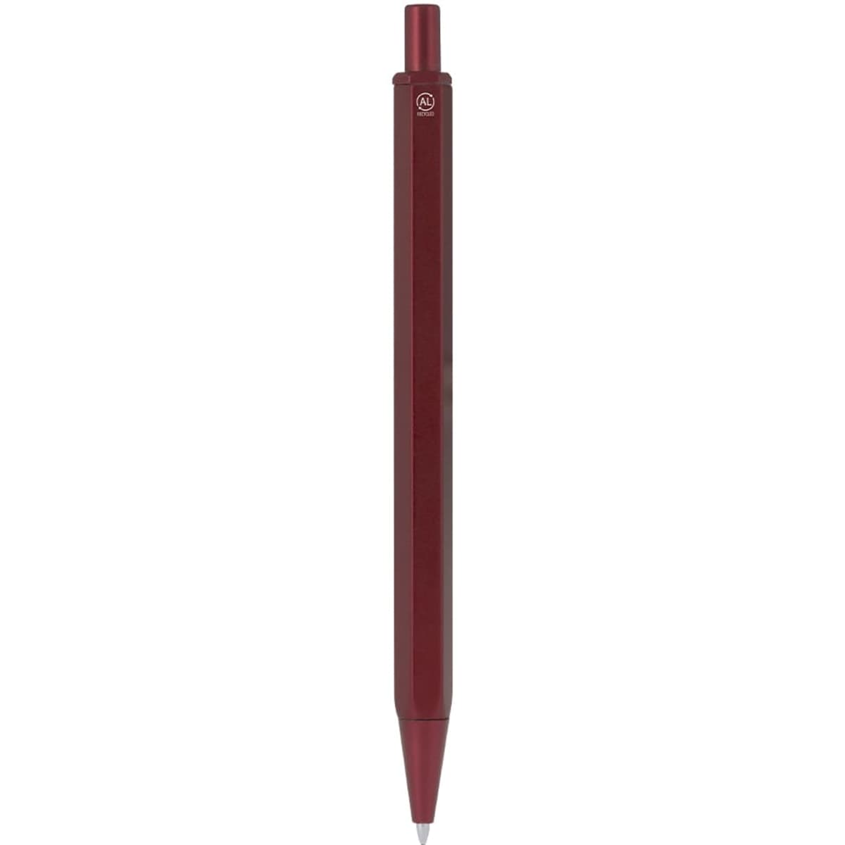 A red metal pen with a sleek design and a logo on the side.