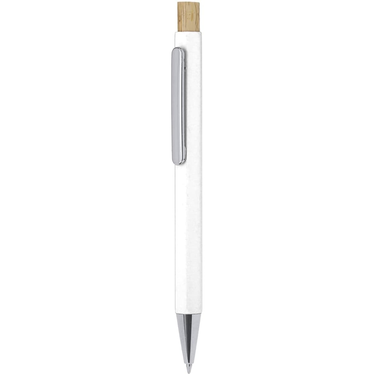 A metal pen with a white barrel and wooden top, featuring a silver clip and tip, along with a logo.