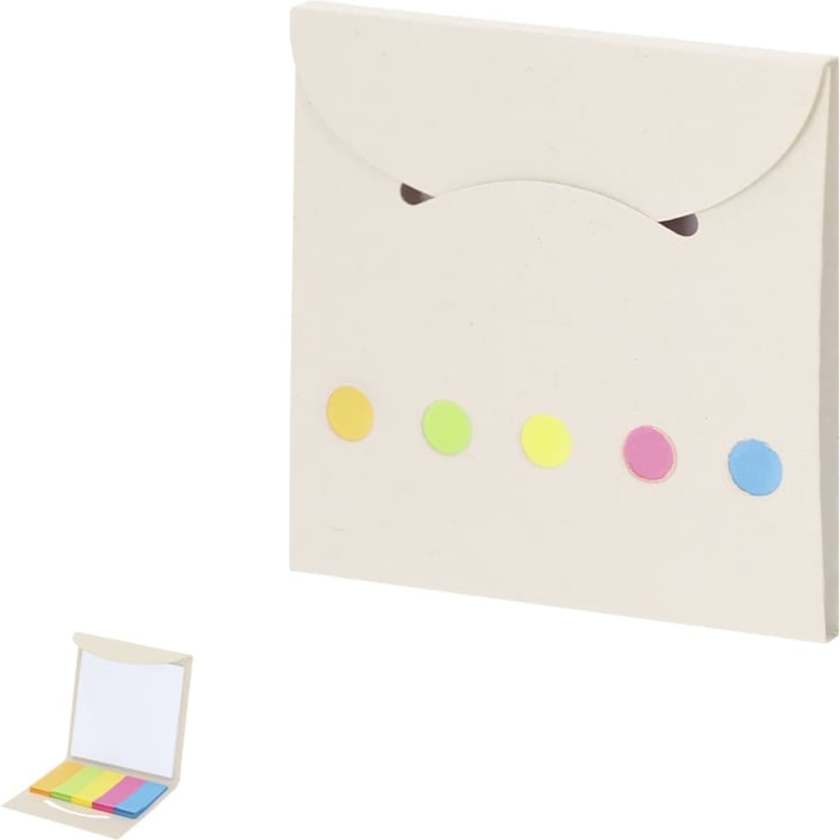 A beige folded notebook with a closure and four colourful sticky notes in pink, yellow, green, and blue.