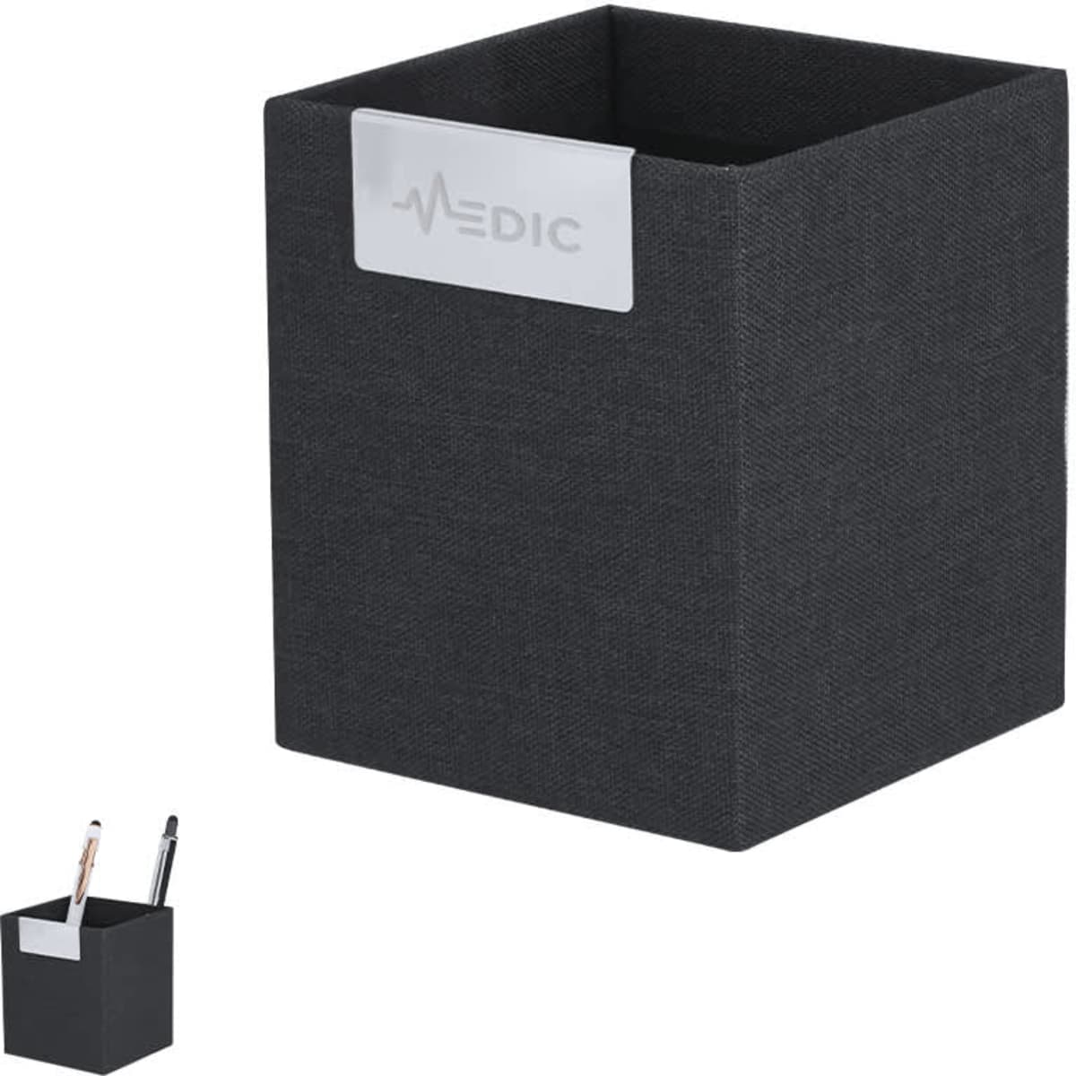 A black fabric storage box featuring a label area, designed for organisation and office use. It includes a logo.