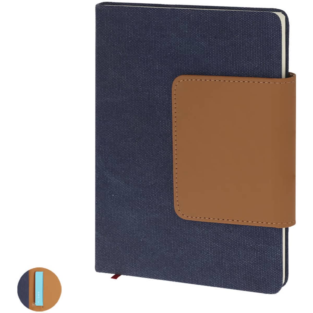 A navy blue notebook with a brown leather-like cover and a matching elastic band. Includes a small colour swatch.