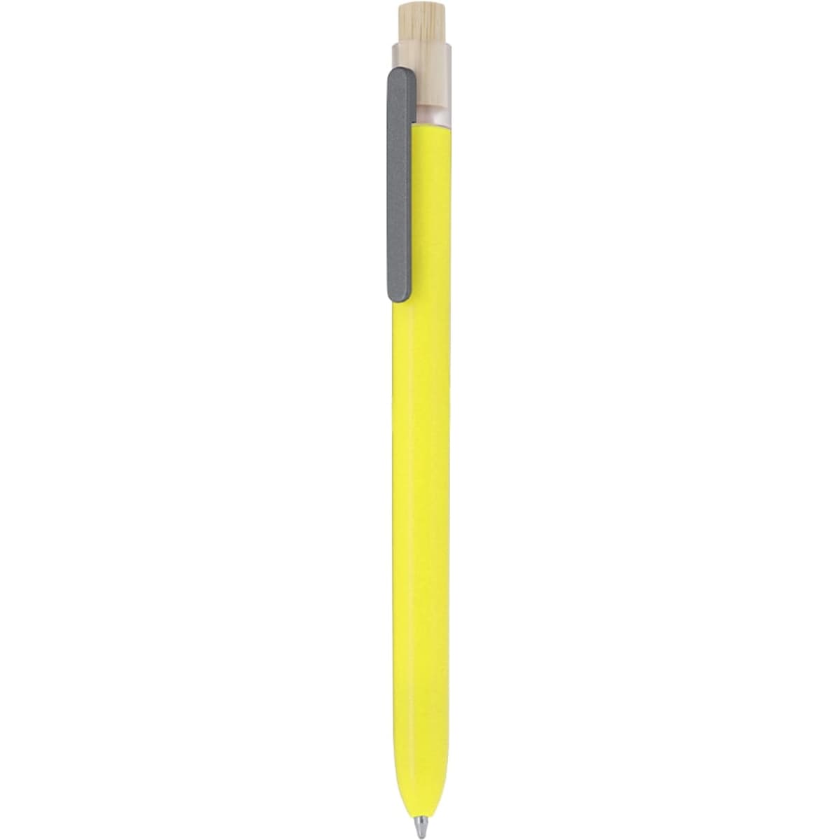 A yellow plastic pen with a bamboo accent and a grey clip, featuring a modern design.