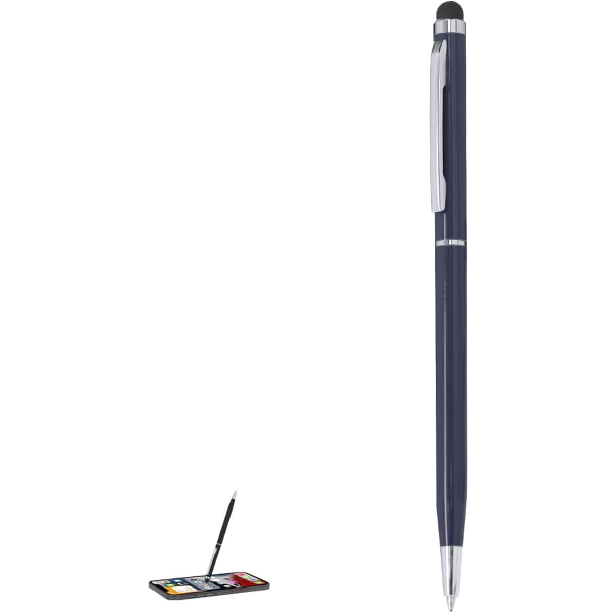 A navy ballpoint pen with a stylus tip and a silver clip, featuring a branding logo.