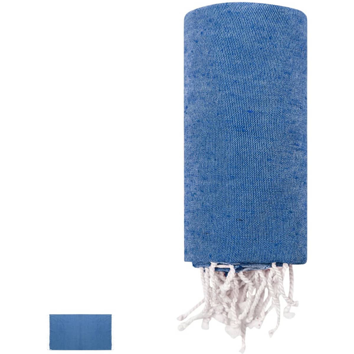 A blue towel with a textured finish and white fringes, featuring a small logo.