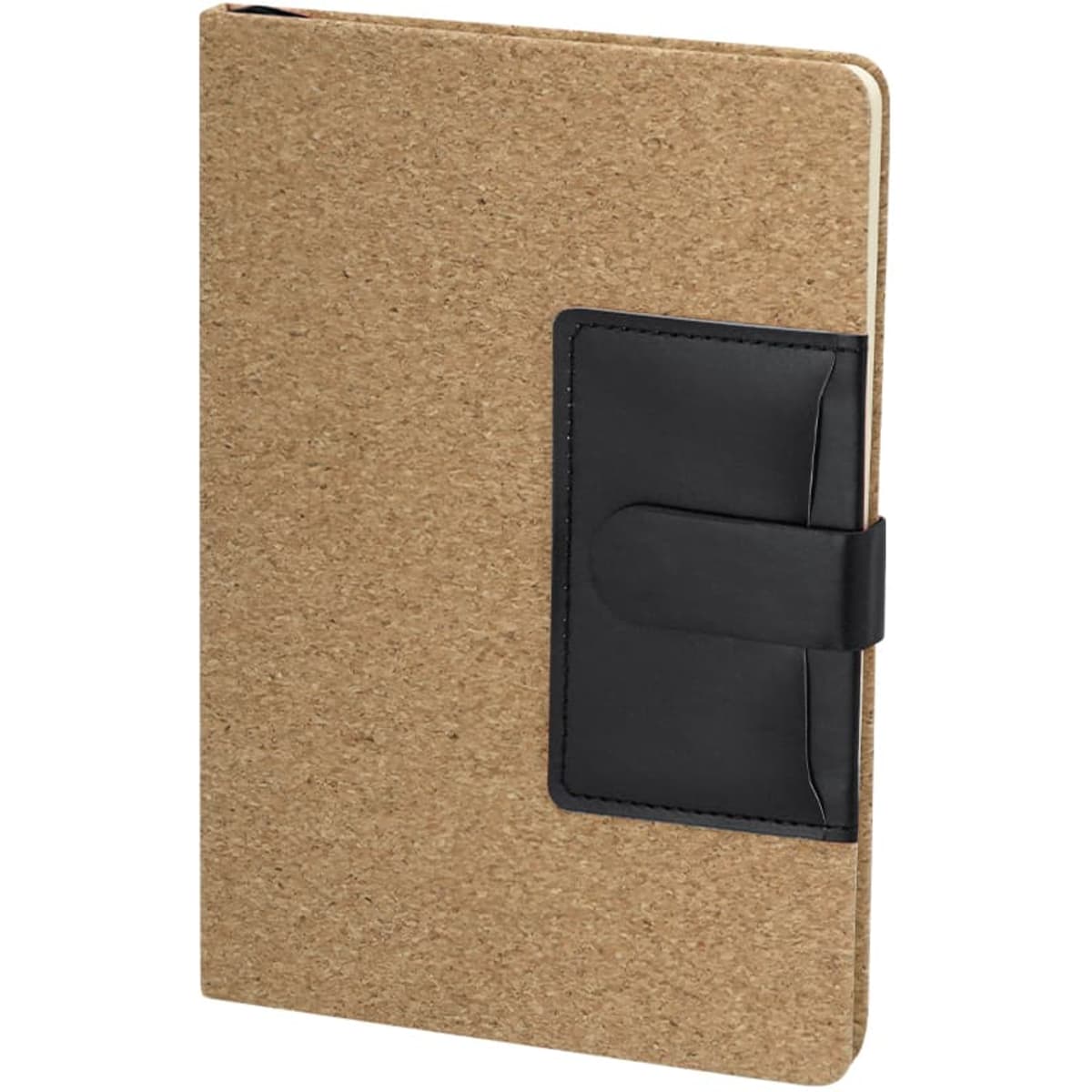 A brown kraft notebook with a black elastic closure and a pocket on the front for holding notes or cards.