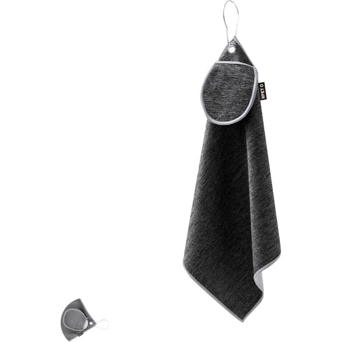 A dark grey golf towel with a hanging loop and a smaller matching pouch attached.