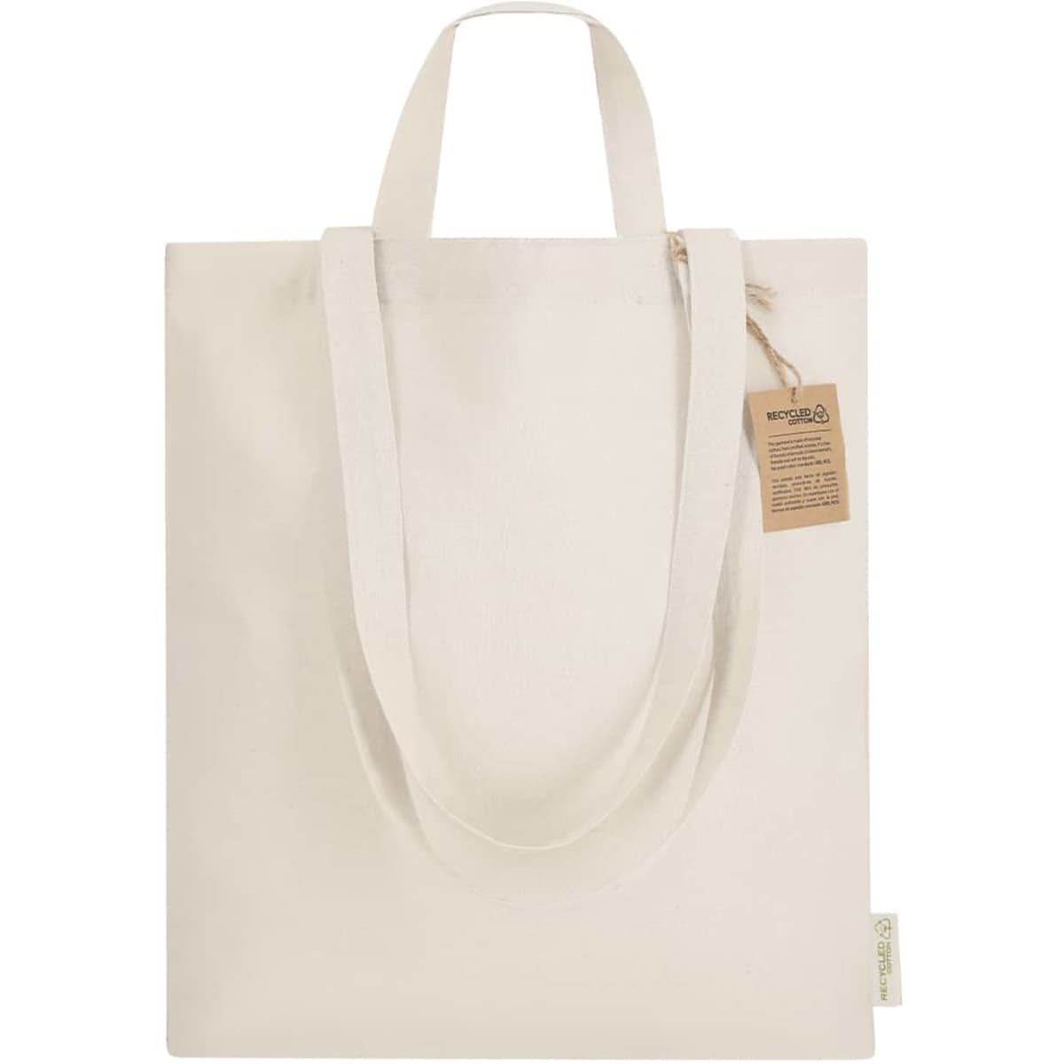 A light beige tote bag with two handles and a tag, featuring a plain and simple design.